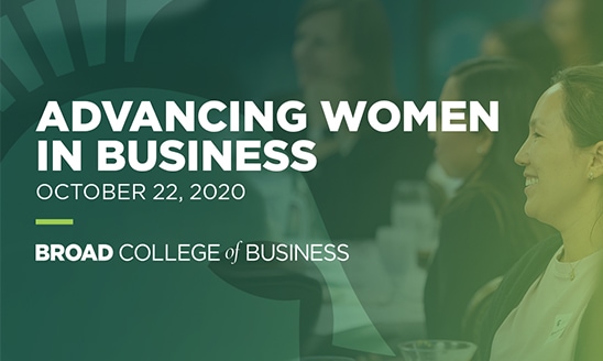 A green and white promotional graphic for Advancing Women in Business on Oct. 22.