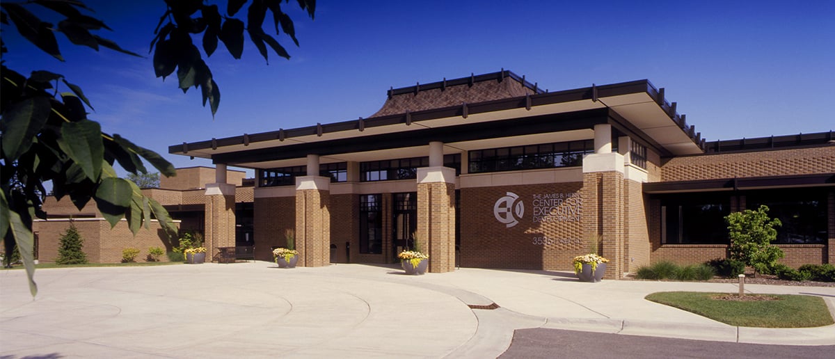 A view of the front entrance of Michigan State University's James B. Henry Center for Executive Developmnet.