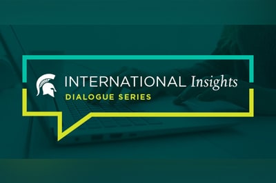 A green and yellow promotional graphic for the International Insights Dialogue Series.