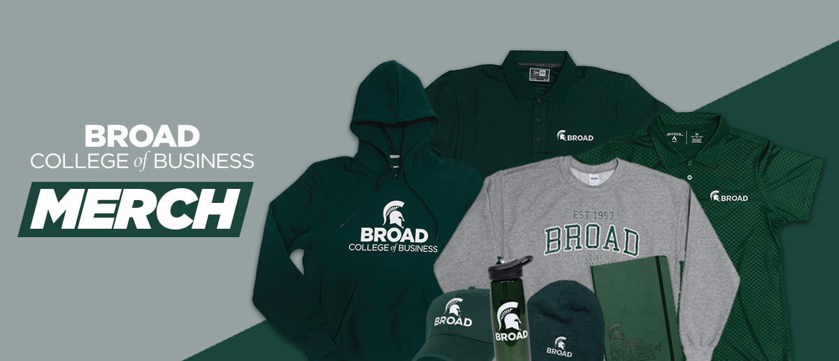 A promotional image of Broad College of Business merch, featuring some green and white products.