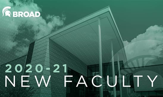 View of the Minskoff Pavilion in a green tint, with white text: 2020-21 New Faculty.