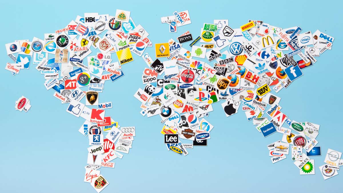 World map filled in with brand logos