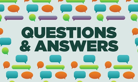 Text: Questions & Answers surrounded by colorful message bubbles on a gray background.