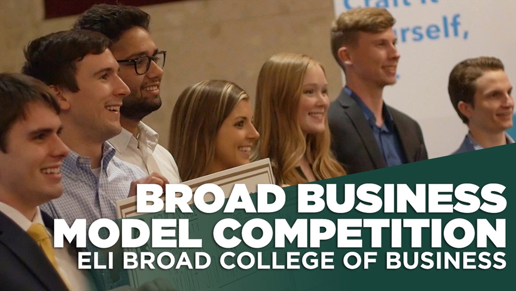 Broad Business Model Competition - Eli Broad College of Business - winners with their oversized checks