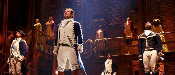 The cast of Broadway's Hamilton, on stage during a scene