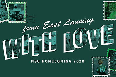 A green and white promotional graphic for MSU's 2020 Homecoming virtual event, 