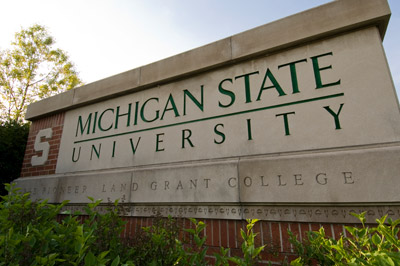 Sign at the Shaw entrance to campus: Michigan State University - The Pioneer Land-Grant College
