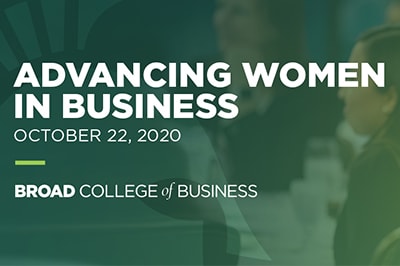 A green and white promotional graphic for Advancing Women in Business on Oct. 22.