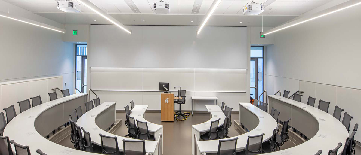 An empty tiered classroom in the Minskoff Pavilion