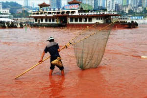 The Yangtze river, September 6, 2012, in Chongqing, China. The Yangtze is usually brown to orange because of silt runoff from deforestation, but the new red color leads to suspicion that serious industrial pollutants are entering the river.