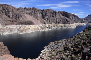 HOOVER DAM, AZ - MARCH 30: A 'bathtub ring' surrounds Lake Mead near Hoover Dam, which impounds the Colorado River at the Arizona-Nevada border, on March 30, 2016. The white ring shows the effects of a drought which has caused the level of the lake to drop to an historic low. The ring is white because of the minerals which were deposited on the previously submerged surfaces. (Photo by Robert Alexander/Getty Images)