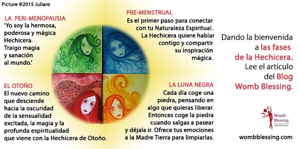 Dando la bienvenida a las fases de la Hechicera.
LA PERI-MENOPAUSIA
'Yo soy la hermosa,
poderosa y mágica
Hechicera.
Traigo magia
y sanación
al mundo.’
EL OTOÑO
El nuevo camino que desciende hacia la oscuridad de la sensualidad excitada, la magia y la dprofunda espiritualidad que viene con la Hechicera de Otoño.
PRE-MENSTRUAL
Es el primer paso para conectar con tu Naturaleza Espiritual. La Hechicera quiere hablar contigo y compartir su inspiración mágica.
LA LUNA NEGRA
Cada día coge una piedra, pensando en algo que quieras liberar. Entonces coge la piedra cuando salgas a pasear y déjala ir. Ofrece tus emociones a la Madre Tierra para limpiarlas.
Lee el artículo: http://wombblessing.wordpress.com/