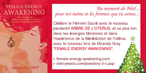 Au moment de Noël… pour toi-même et les femmes que tu aimes…
Célèbre le Féminin Sacré avec le nouveau pendentif Arbre de l’Utérus, et va plus loin dans tes énergies féminines authentiques et dans l’expérience de la Bénédiction de l’Utérus avec le nouveau livre de Miranda Gray -Female Energy Awakening-.
> female-energy-awakening.com > reiki-jewels.com/jewellery-3-c.asp